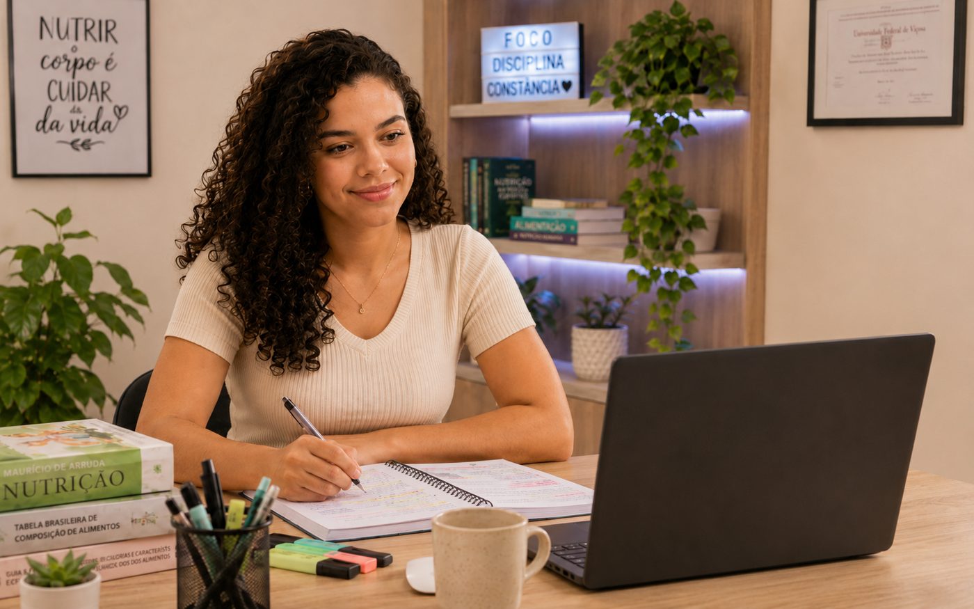 Aluna estudando com foco pela manhã