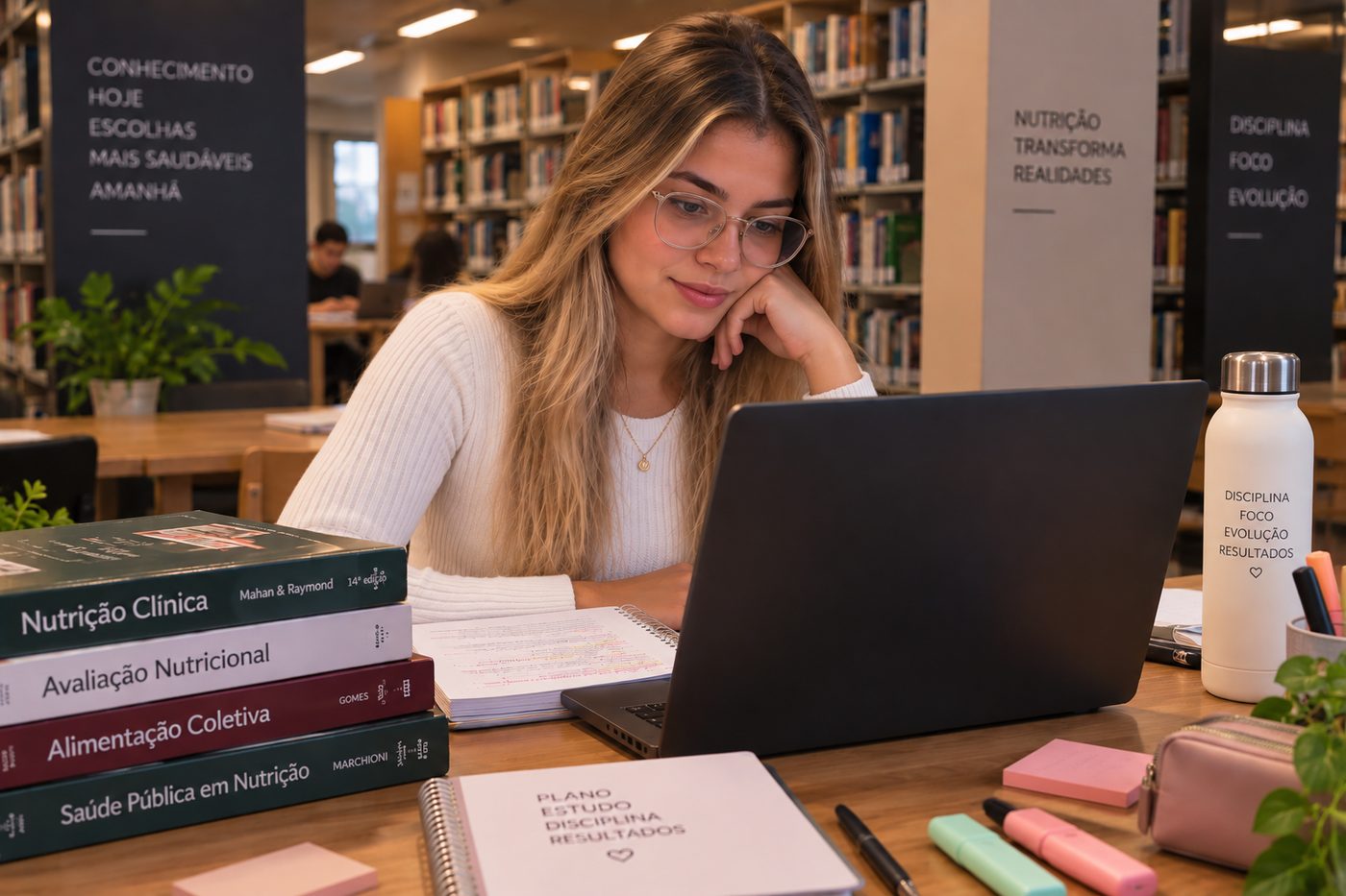 Aluna estudando na biblioteca com material da Ávvia